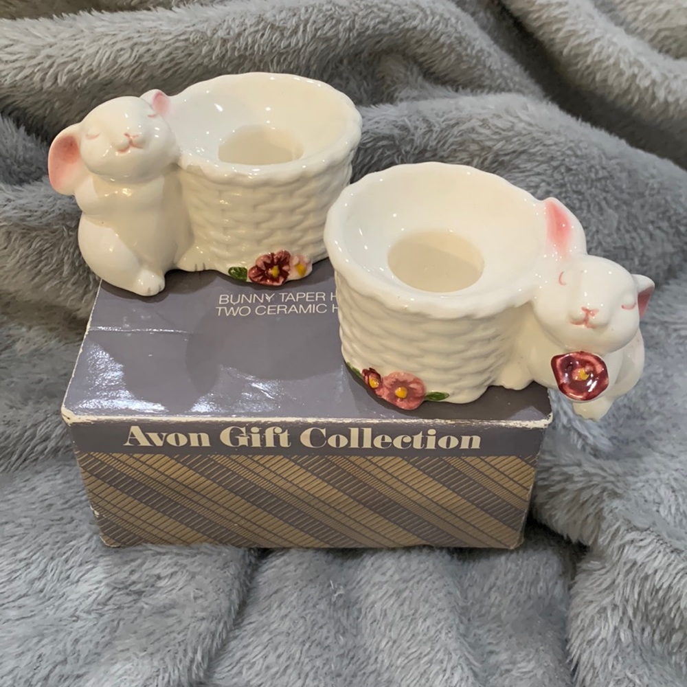 Two Avon Bunny Taper Ceramic‎ Holders Vintage
